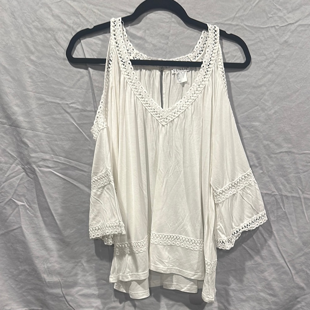 VENUS White Lace Trim Cold Shoulder Blouse